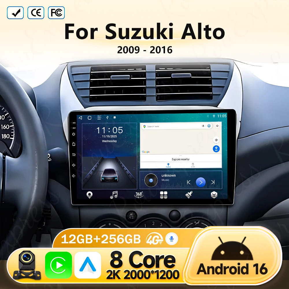 

2DIN автомобильная магнитола с мультимедийным плеером Android 16 для Suzuki Alto 2009-2016, поддержка видео, CarPlay, 4G