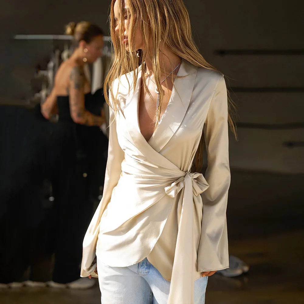 Satin Sexy Deep V-neck Lace Up Women Coat Black Long Sleeve Notched Collar Tops Female Autumn Slim Casual Streetwear