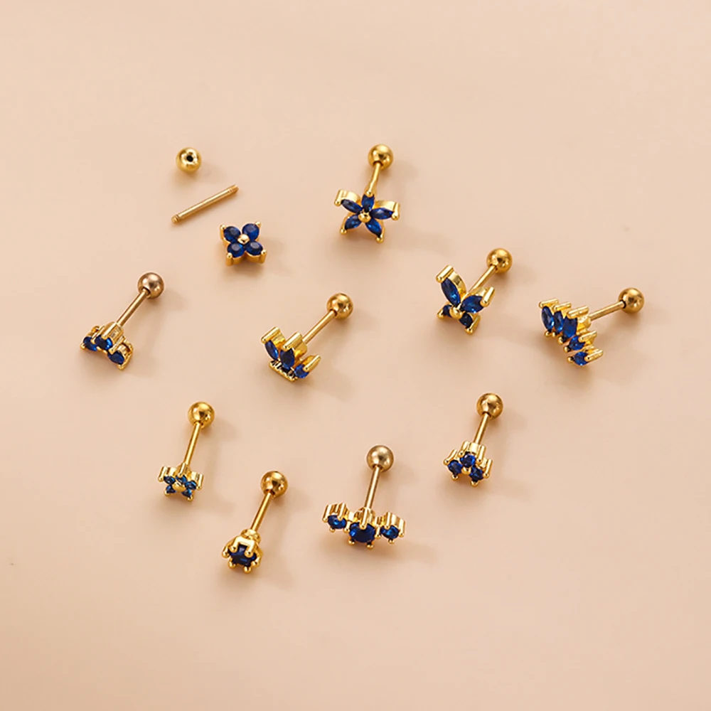 1 Piece 99% Pure Titanium Metal Earring Tanzania Blue Zircon Stud Earrings FOR Women No Easy Fade Allergy Piercing Jewelry GIFT