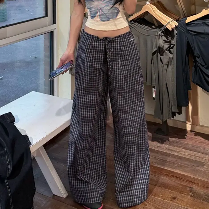 Deeptown Vintage Blue Plaid Wide Leg Women's Pants Summer Korean Fashion Straight Trousers Baggy Harajuku Commute Casual Thin