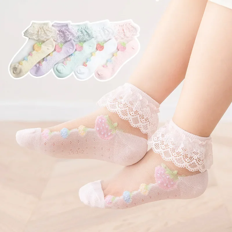 5Pairs/set Summer Thin Mesh Cotton Kids Lace Ruffle Socks Princess Cute White Heart White Ankle Socks for Baby Children Girls