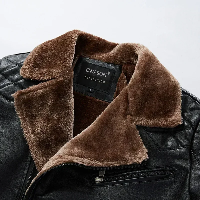 Fashion Warm Winter Men\'s Leather Jacket with Fur Collar Thicken Fleece Motorcycle Coat Casual Faux Leather Locomotive Jacket