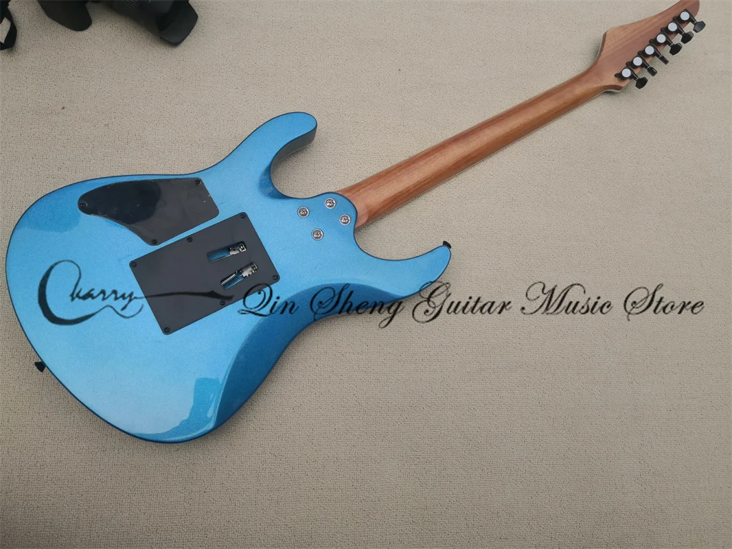 6 string electric guitar, suh guitar metallic blue body, mahogany body and head, colorful shell inlay