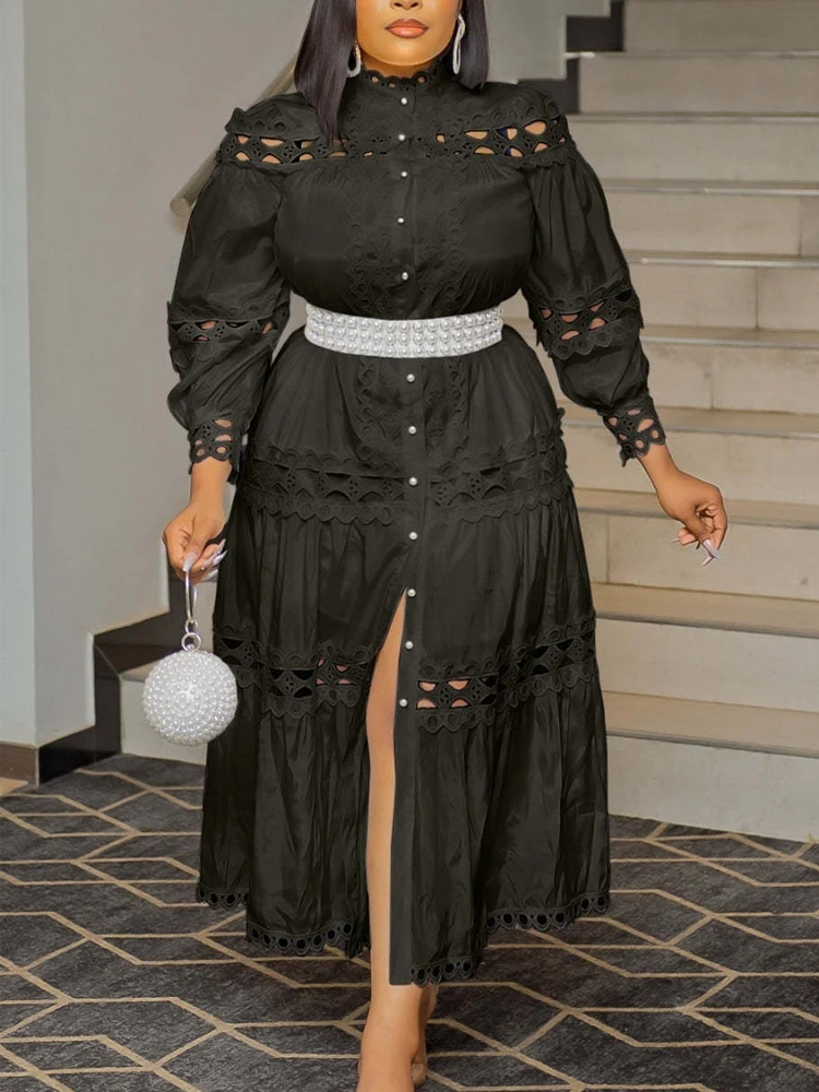 Weiß aushöhlen Kleid Frauen Vintage Spitze Spleiß lange Kleider weiblich elegant schick lässig einreihig Verband Party kleider