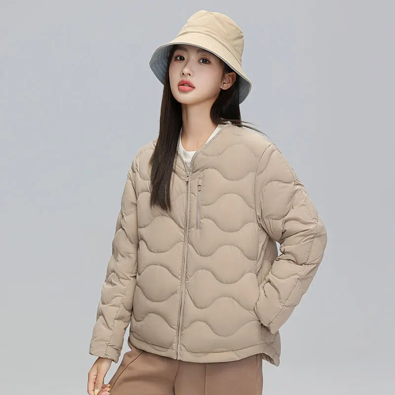 Winter Women 90% Down Jacket Collarless Quilted Fabric Coat Lightweight Loose Parkas  High Quality Gift