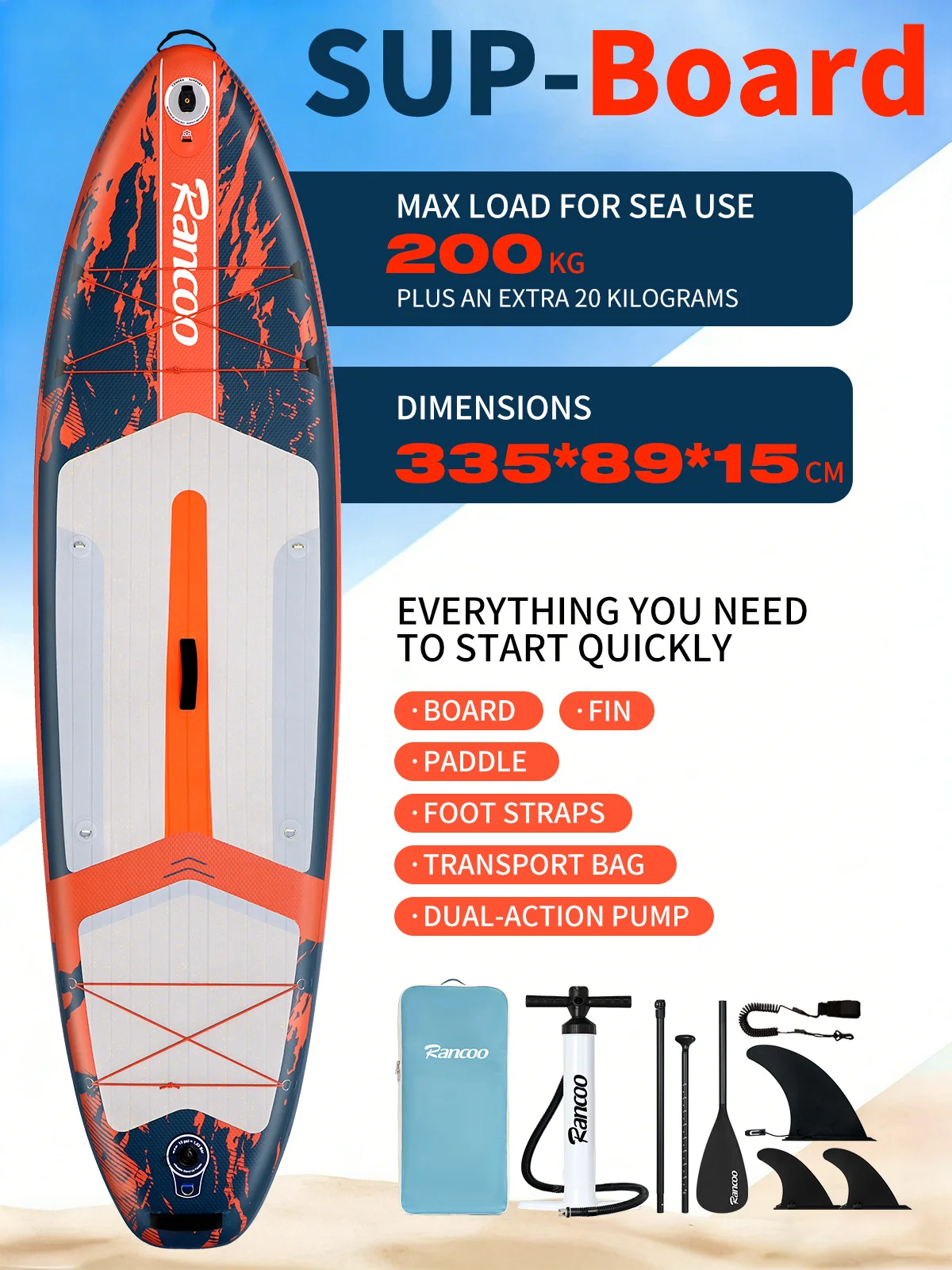 Tabla de surf, tabla de paddle surf, tabla de paddle surf inflable de 335 cm, SUP, tabla de surf con remo, deportes acuáticos, supboard, naranja
