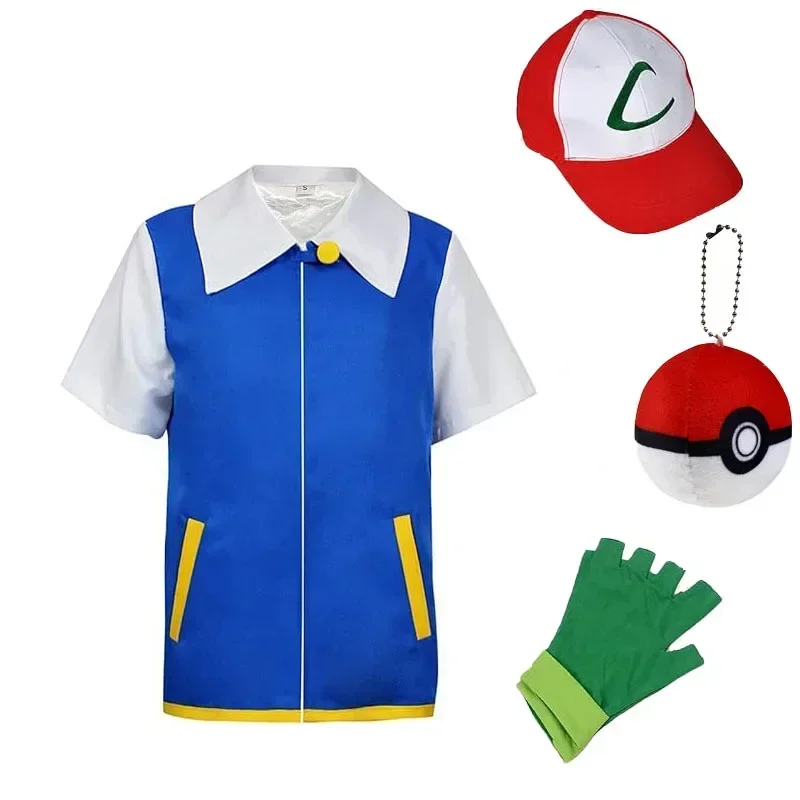 Nuevo Disfraz de Ash Ketchum para Adultos, para Halloween, Disfraz de Entrenador de Anime para Hombre, Super Cosplay para Mujer, Chaqueta Azul, Gorra y Guantes