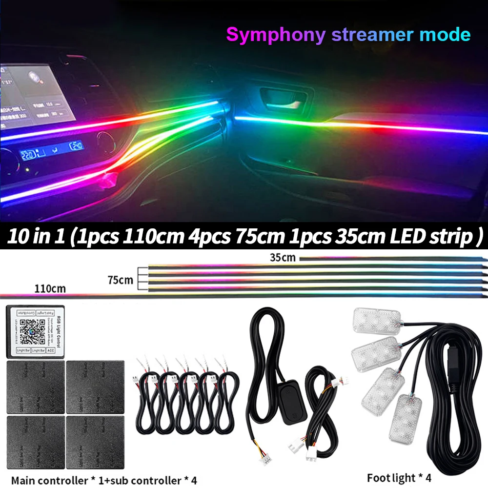 Symphony Auto-Ambientebeleuchtung RGBIC Innenraum-LED-Streifen Acryl 213 Farben Neon-Streamer Atmosphärenlampe 6/10/14/18/22 in 1 12V per App