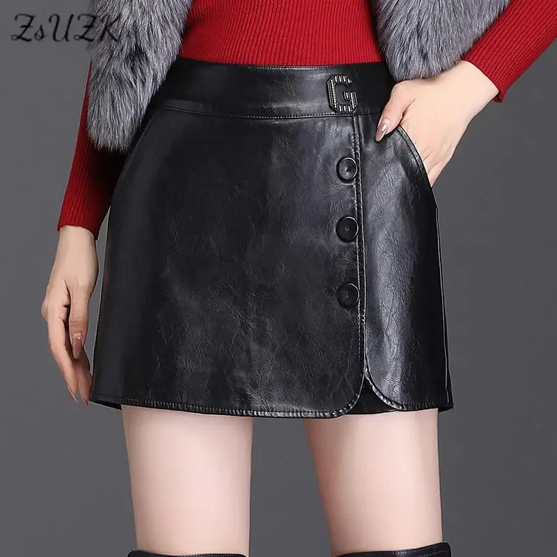 ZUZK Pu Leather Shorts Skirts For Women Fashion Sexy Pencil Mini Short Skirts  Black Button Shorts Female