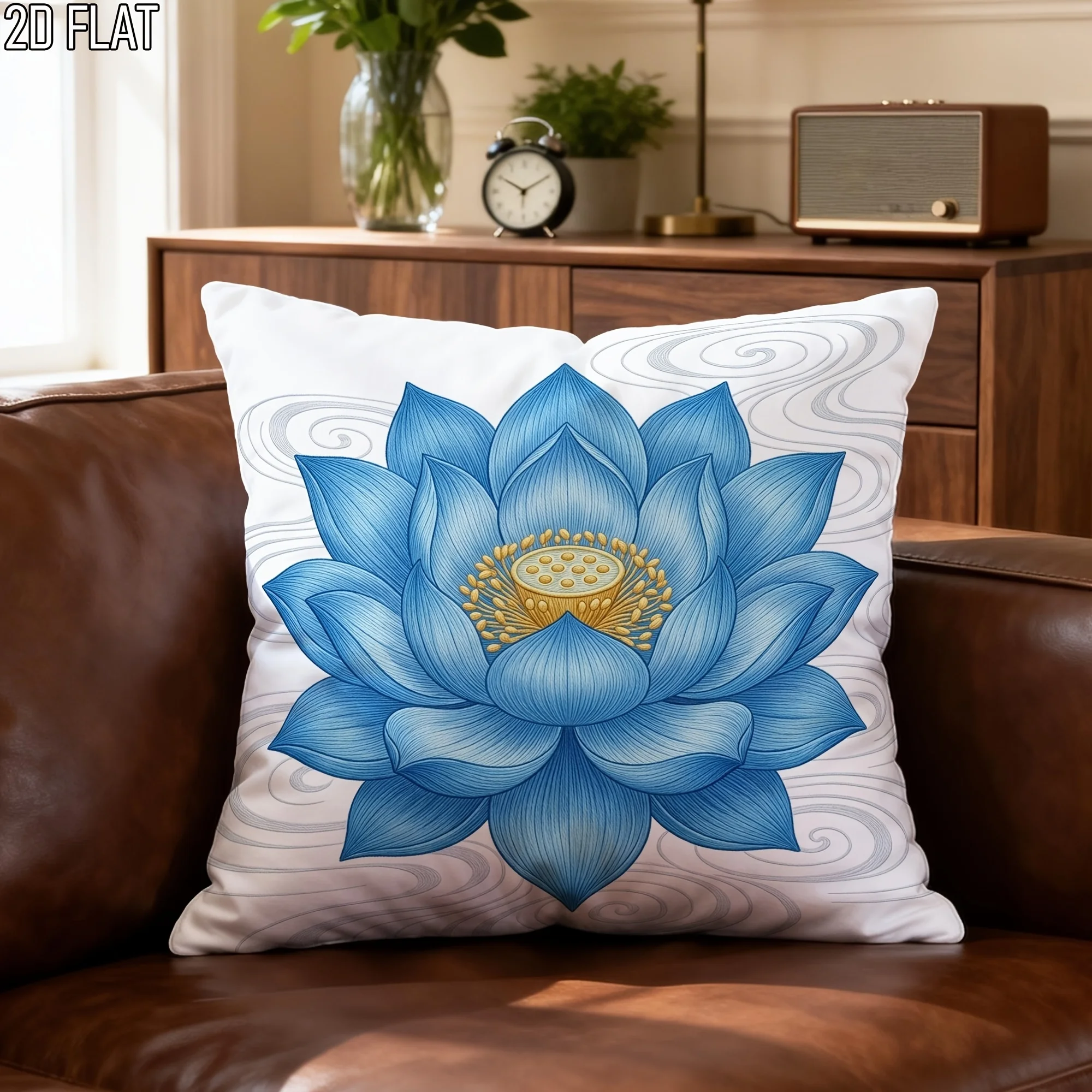 Blue Lotus Flower Throw Pillow Cover Zen Wave Print Cushion Case for Boho Yoga Spa Meditation Home Decor