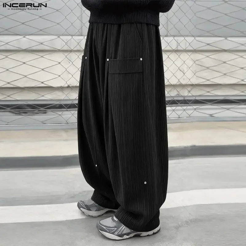 

INCERUN Men's Wide Leg Pants Solid Color Elastic Waist Joggers Trousers For Man Streetwear Baggy Pleated 2026 Casual Long Pants