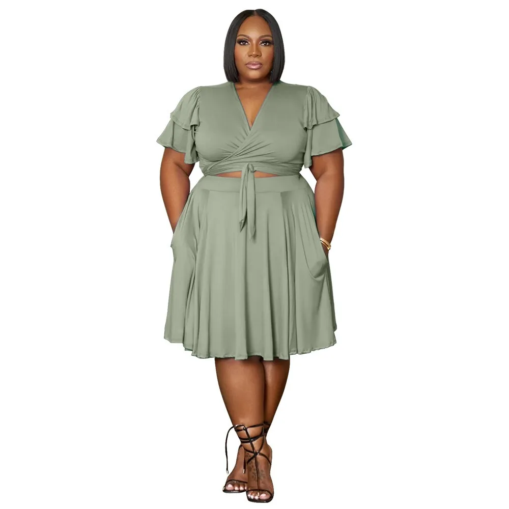 XL-5XL African Women Clothing Plus Size Two Piece Sets Solid Color Short Sleeve Ruffle Top and Skirt Suits Sexy Elegant Outfits