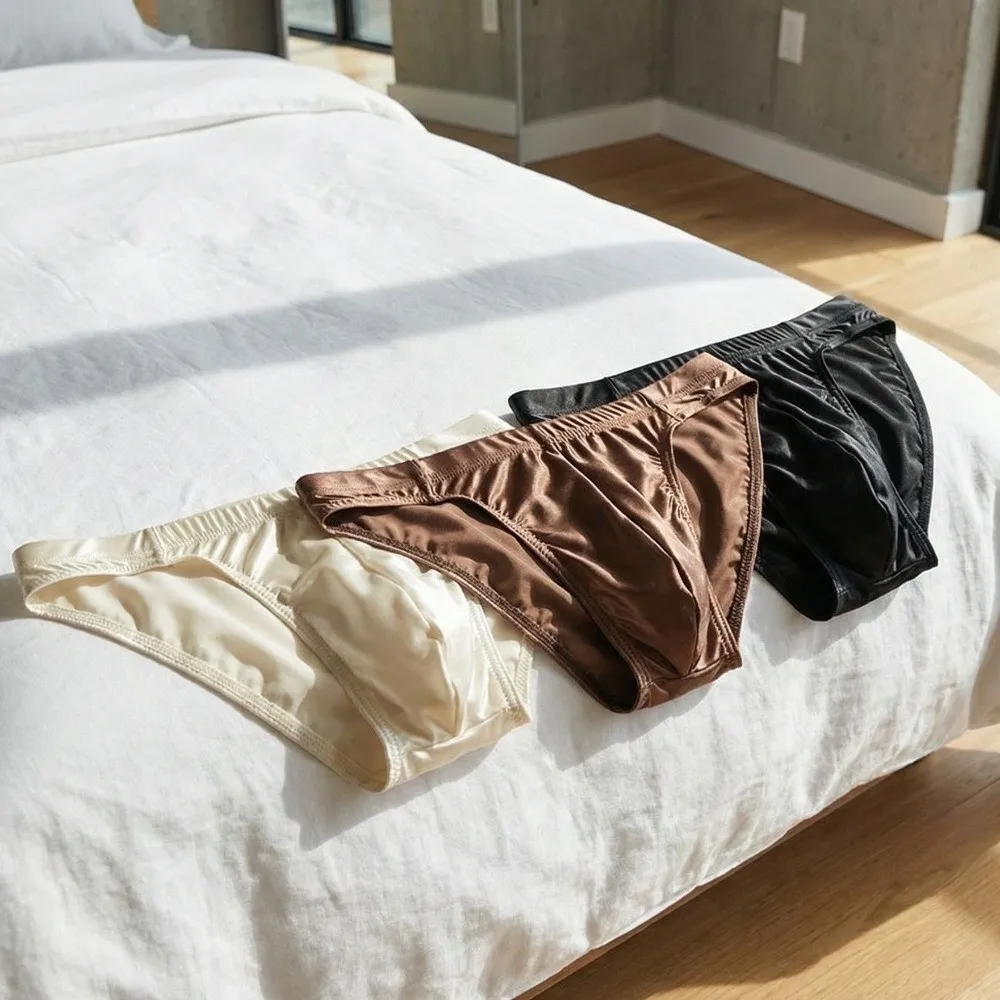 Einfarbige, niedrig geschnittene Herren-Slips, schlichte Unterhosen, Herrenunterwäsche, Herren-Dessous, Satin-Seiden-Slips, Sommer – Detail 9