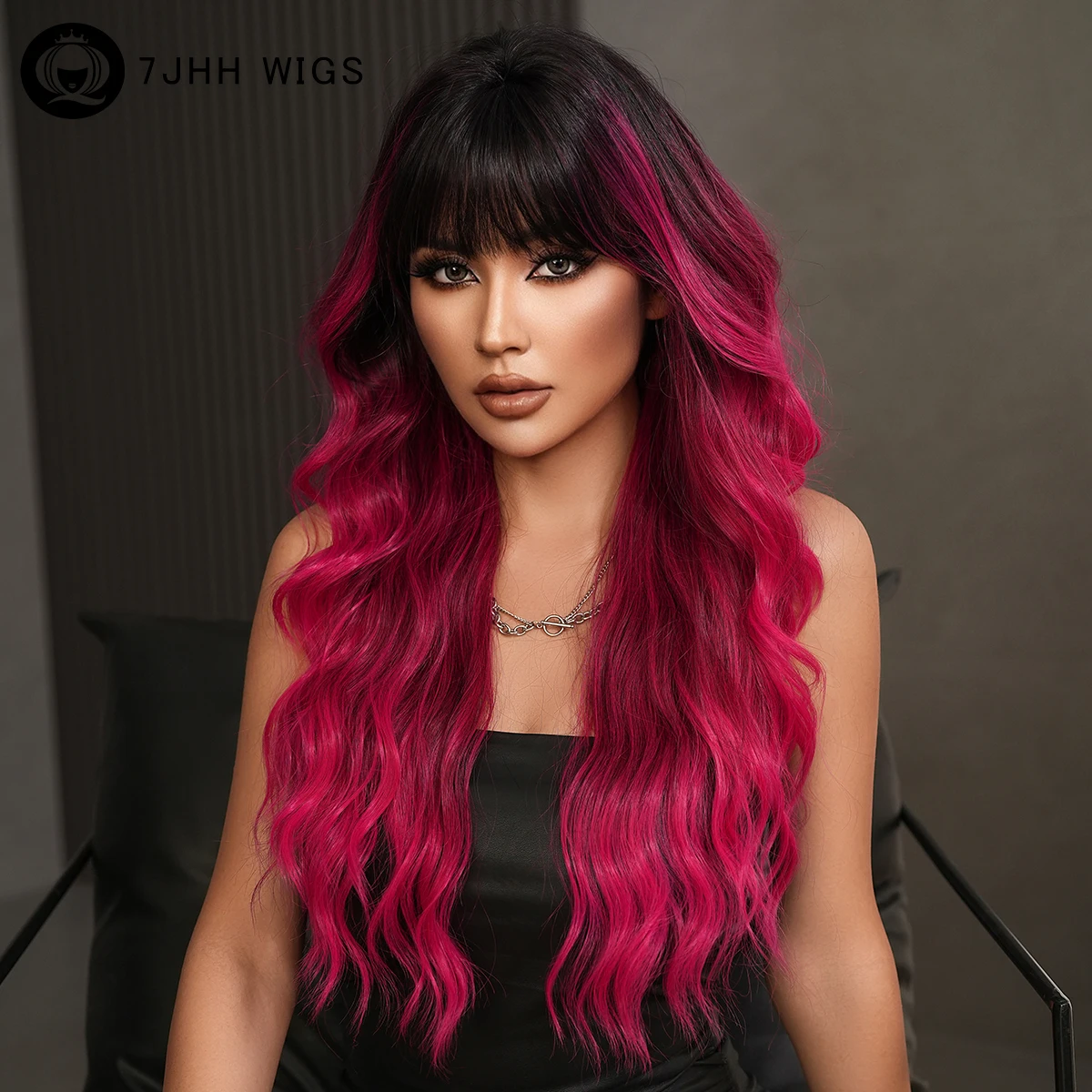 

Long Body Wave Pink Purple Wig with Dark Roots High Density Synthetic Modest Fashion Wavy Wigs for Women Daily Beginner Friendly