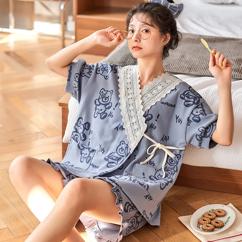 Summer V Neck Womens Pajamas Set Sleep Tops Shorts Female Korean Cotton Home suit Female Pijamas suit Pyjamas Drop ship