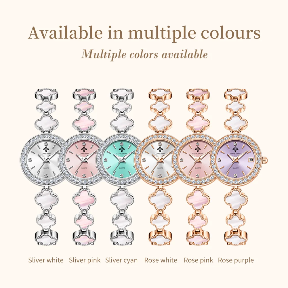 CLARE SHINE 7701 Lucky series small lucky four-leaf clover quartz women's watch with diamond bezel imported movement view 6