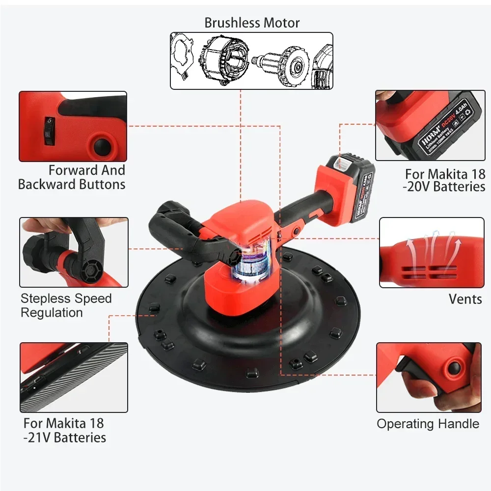 Electric Wall Sander Polishing Machine Drywall Sander Grinding Concrete Cement Mortar Trowel Wall Smoothing For Makita Battery