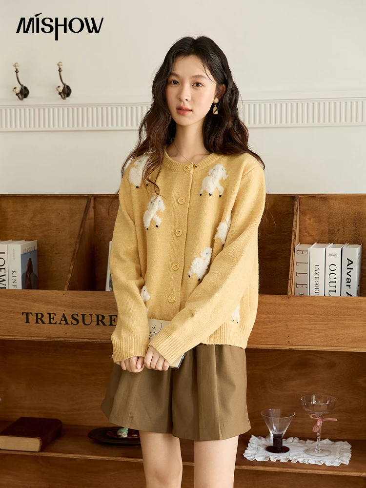 

MISHOW жаккардовый вязаный кардиган из ягненка, женский осенний 2022, новый однобортный свободный свитер из овечьей кожи с круглым вырезом MXE48Z2571