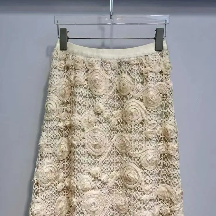 2026 Spring Fashion Long Skirt High Quality Women Elastic Waist Allover Crochet Lace Flower Patterns Elegant Party Vintage Skirt