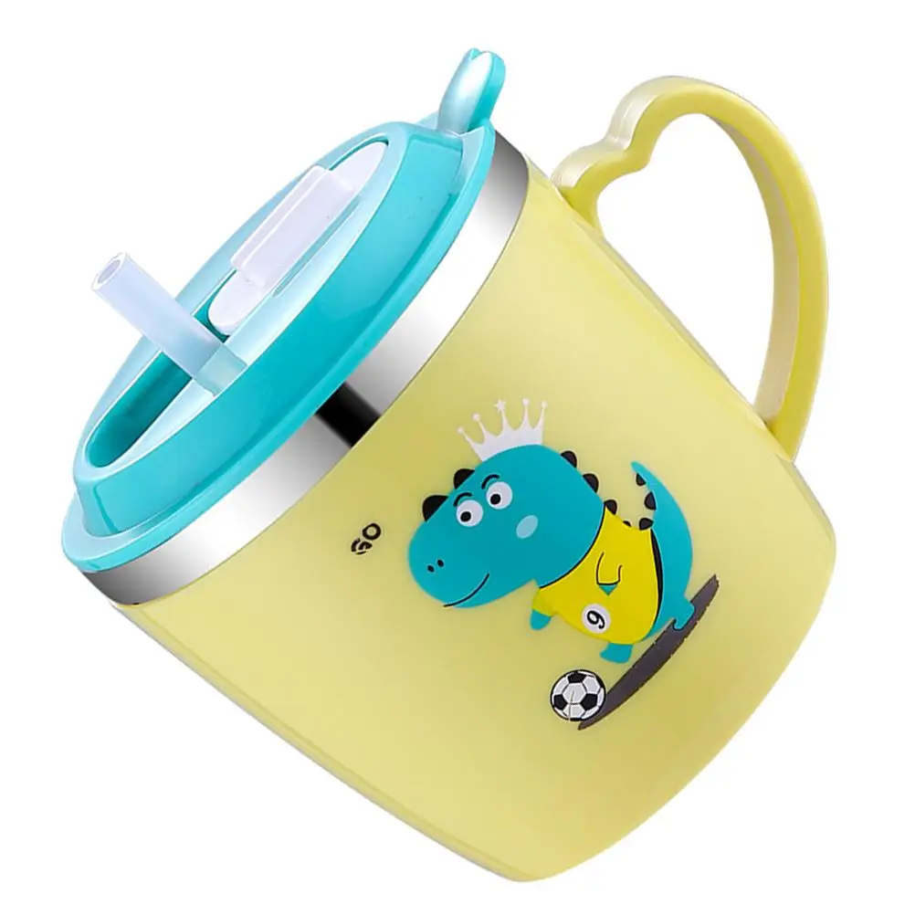 

Children Straw Cup 304 Stainless Steel Double Layer Anti Scald Kids Sippy Cups Cartoon Design Graduated Scale Toddler Baby
