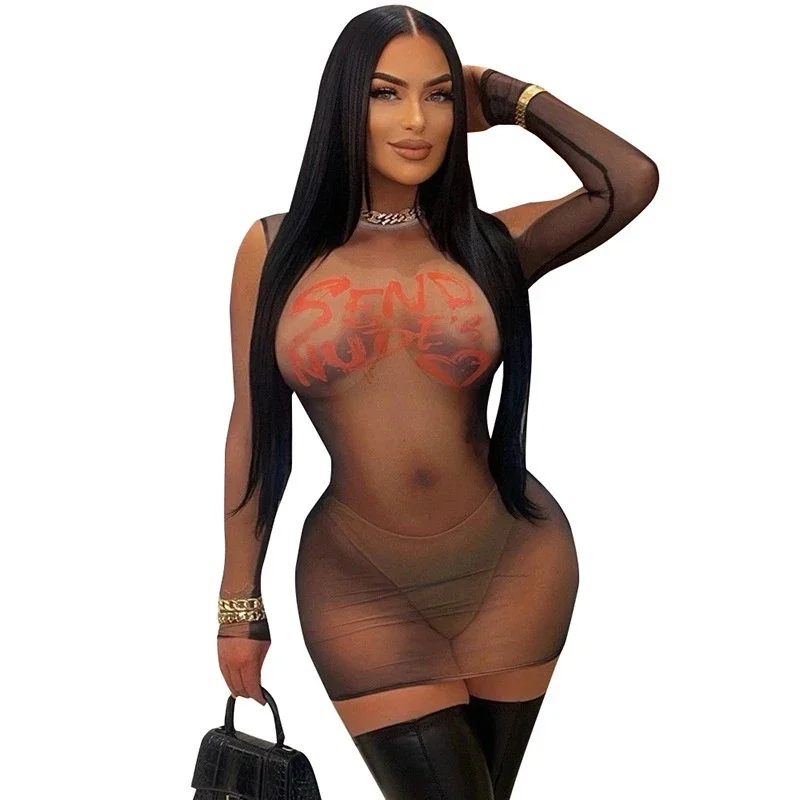 Winter Print Sheer Bodycon Kleid Sexy Langarm Rundhals Pullover Mini Club Outfit Für Frauen Party Date Nacht Weihnachten