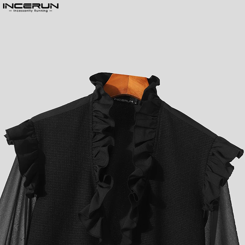 INCERUN Men Shirt Mesh Patchwork Ruffle Transparent V Neck Long Sleeve Zipper Men Clothing Streetwear 2024 Fashion Casual Shirts