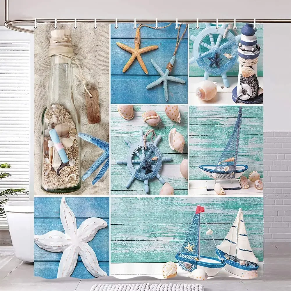 Beach Theme Seashell Starfish 3d Coastal Marine Sail Boat Sea Life Decorative Shower Curtains Bathroom Ocean With Hooks