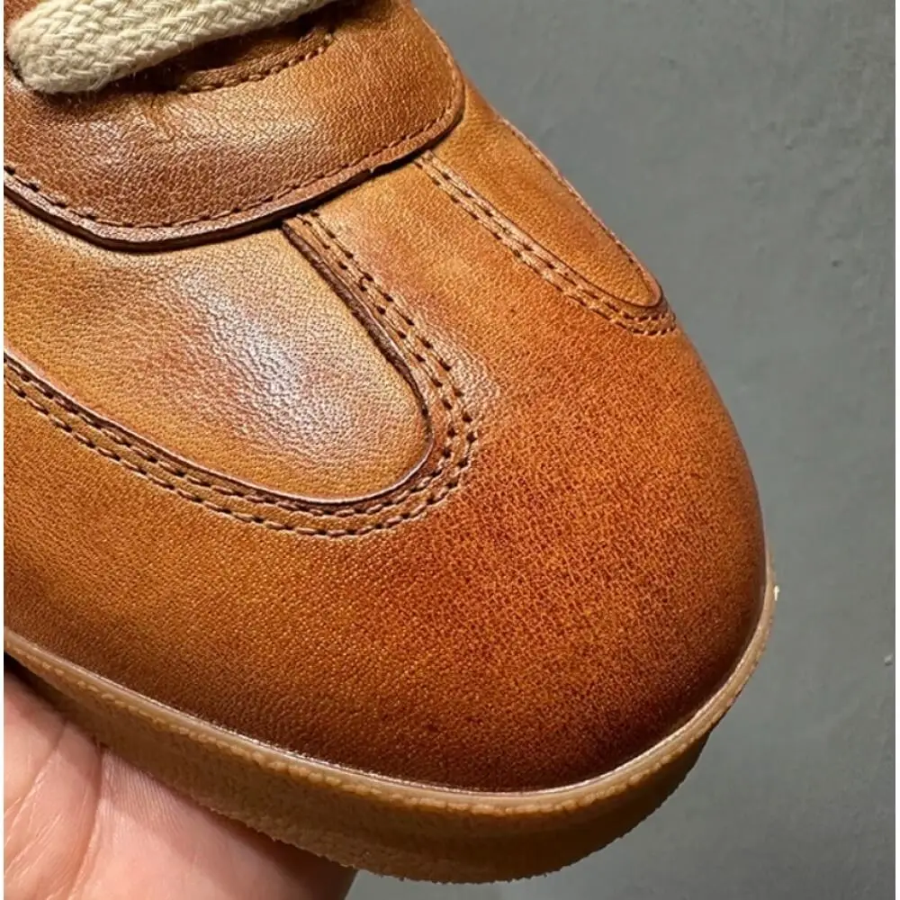 Vintage Caramel Burnished Leather Sneakers, with off-white laces and gum sole, stylish and comfortable, - view 3