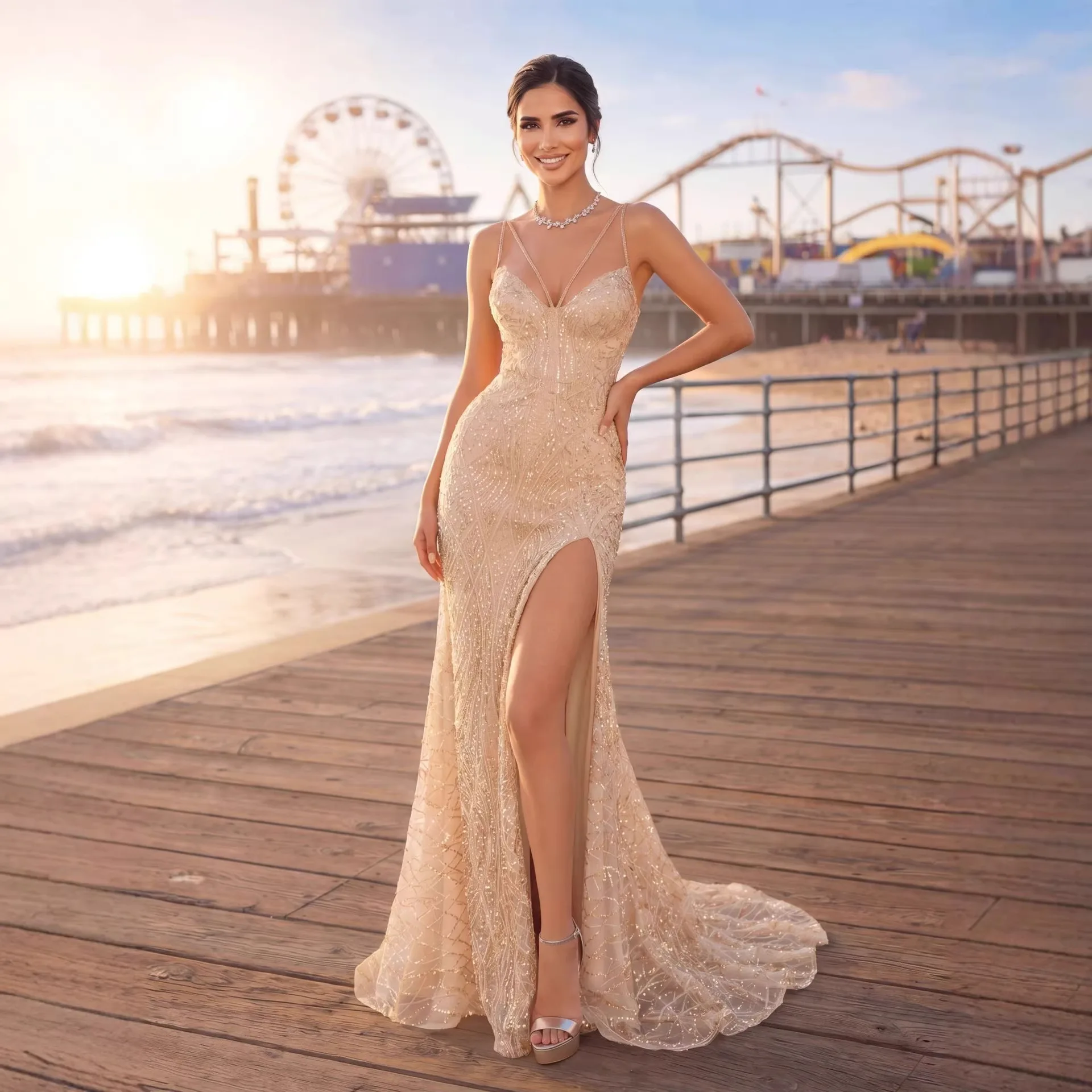 Sexy V Neck Sleeveless Dress Sequins Backless Floor Length Split Evening Dresses Jumpsuit Playsuit Spring Summer