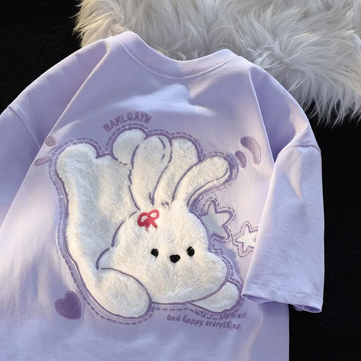 

Women's Cotton Cute Plush Rabbit Short-Sleeved T-shirt Ins Trendy Summer Design Sense Niche Loose Girlfriends Clothes Summer Top