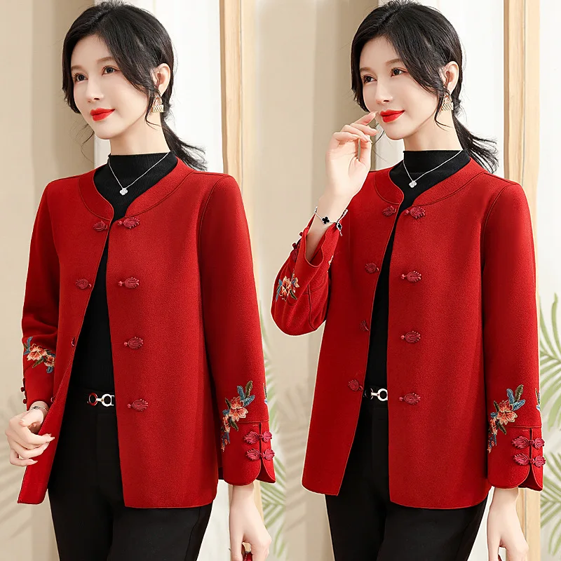 Autumn Winter Woolen Coat Fashionable Women's Short National Style Double-sided Embroidered Wool Outwear Middle-aged Jacket Top