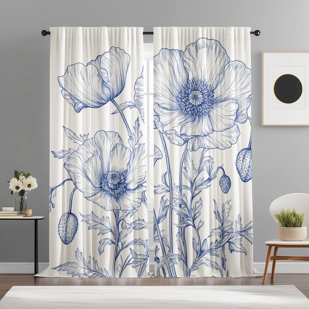 Blue White Inkwash Poppy Curtains Set of 2 Rod Pocket Sheer for Living Room Bedroom Decor