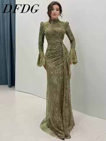 DFDG Women's Spring Summer Turtleneck Lace Flared Sleeve RuchedN Dress Elegant Formal Evening 2026 Trendy Feminine Fashion Dress