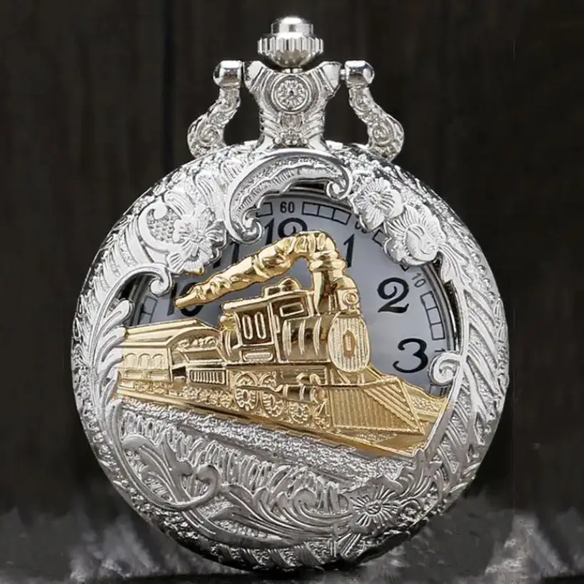 

Vintage Silver Charming Gold Train Carved Openable Hollow Steampunk Quartz Pocket Watch Men Women Necklace Pendant Clock Gifts