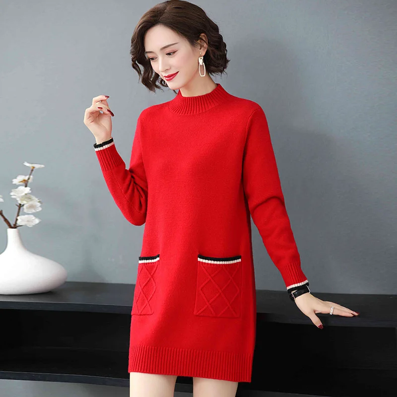 New Women Velvet Lining Sweater Autumn Winter Fashion Half High Collar Wide-waisted Thick Warm Sweater Casual Loose Knitted Tops