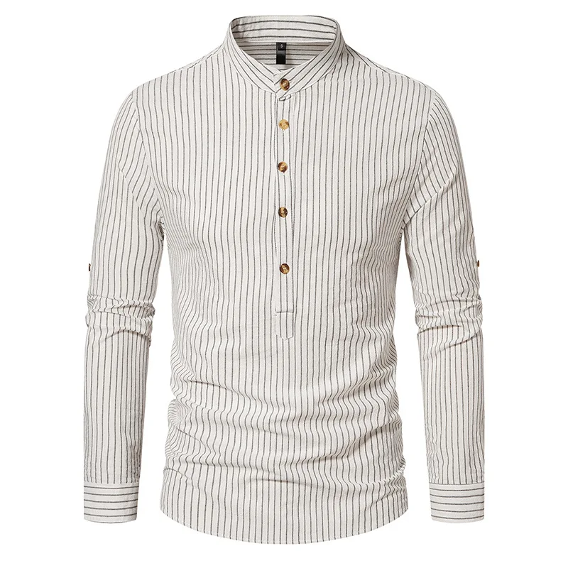 100% Cotton Mens Striped Henley Shirts 2023 Brand New Slim Fit Breathable Shirt Business Casual Band Collar Button Down Tops 2XL