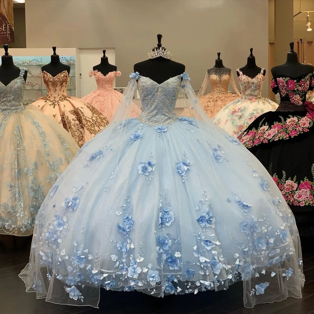 

2021 New Arriva Luxury Sky Blue Ball Gown Quinceanera Dresses 3D Flowers Beads Sweetheart Lace Sweet 16 Dress Party Wear Xv Años