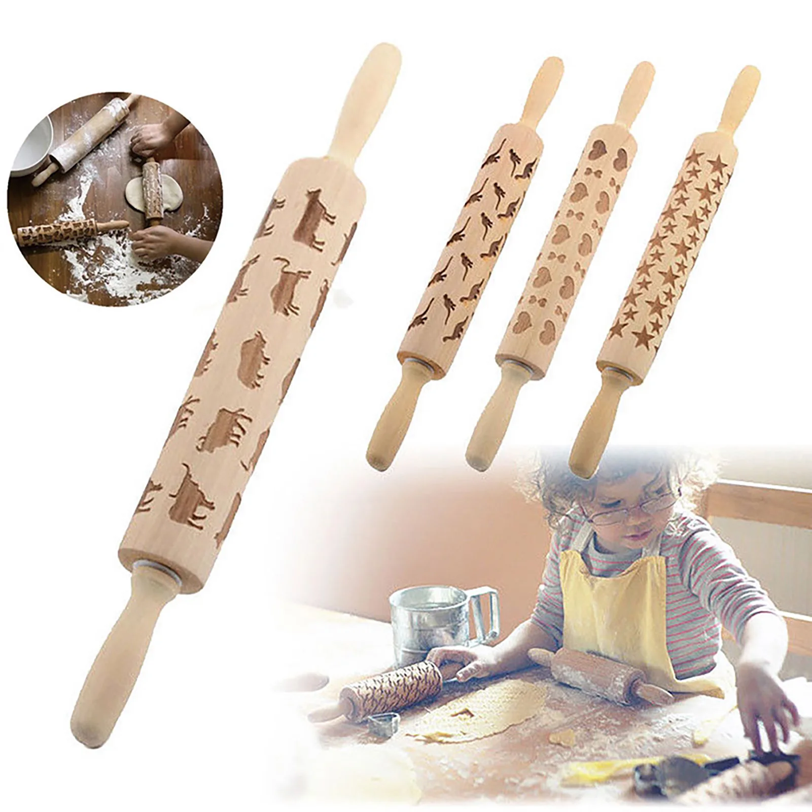 

Wood Rolling Pin Embossing Baking Cookies Noodle Biscuit Fondant Cake Dough Roller