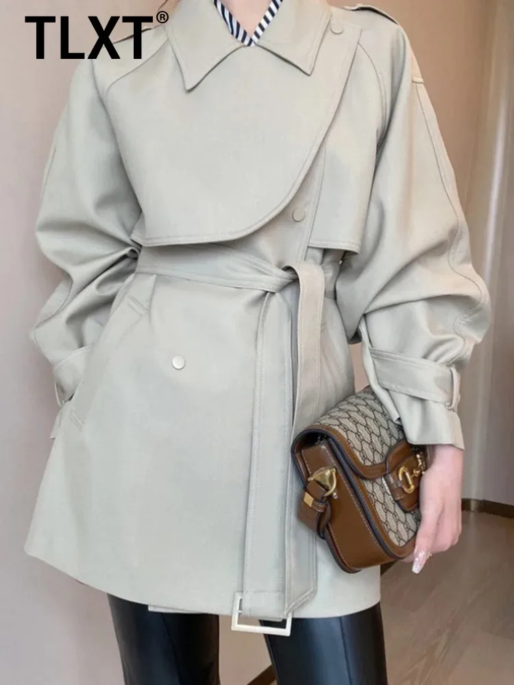 

TLXT Fashion Women's Chic Double Breasted Short Trench Coat With Belted Waist And Storm Flap Stylish Solid Color 2025 New XK1598