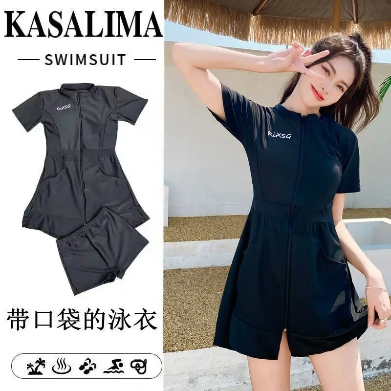 Swimsuit With Pocket Split Skirt Style To Cover The Belly Show Slimming Conservative Swimsuit With Small Chest Gathered Swimsuit