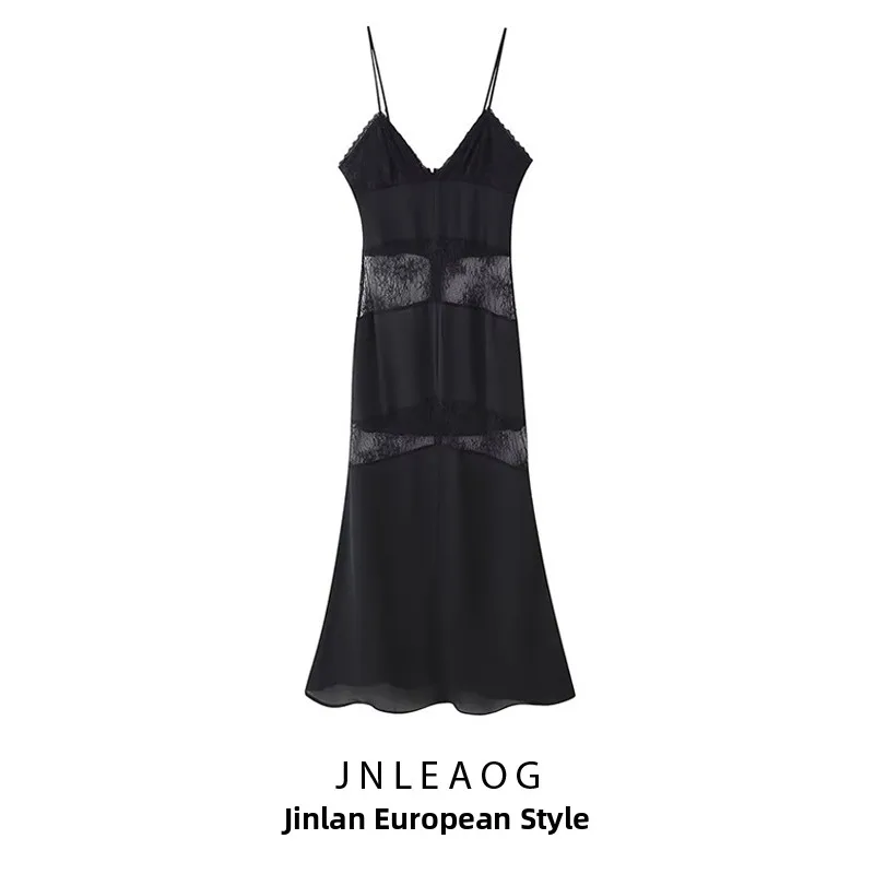 JNLEAOG Spring New Women's Fashion Design Lace Splicing Dress High Waist Polyester Fiber V-neck Sleeveless Zipper Closure