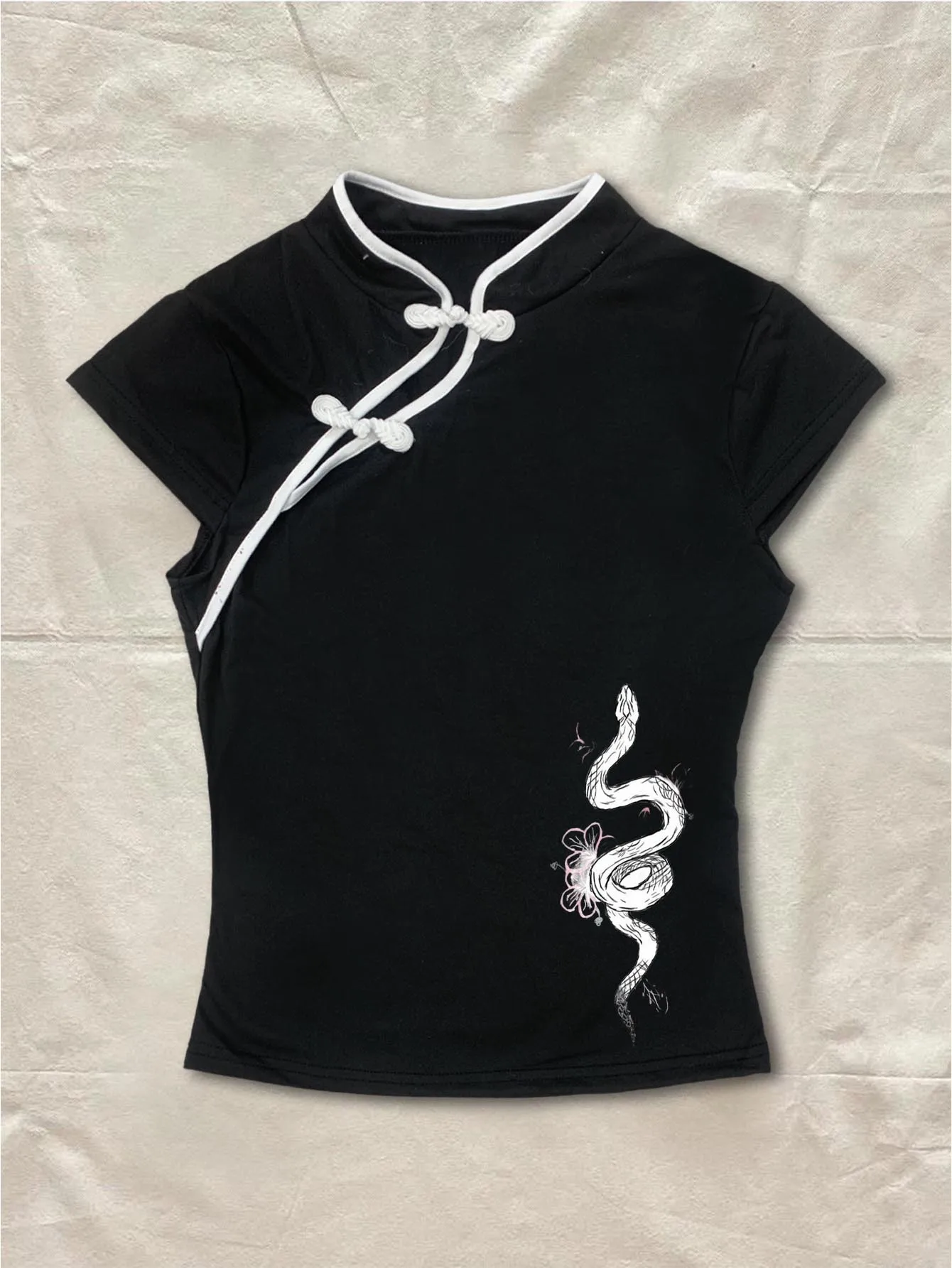 Black Cheongsam Top Women 2026 Koi Fish Lotus Print Mandarin Collar Frog Button Oriental Aesthetic Slim Fit Tee