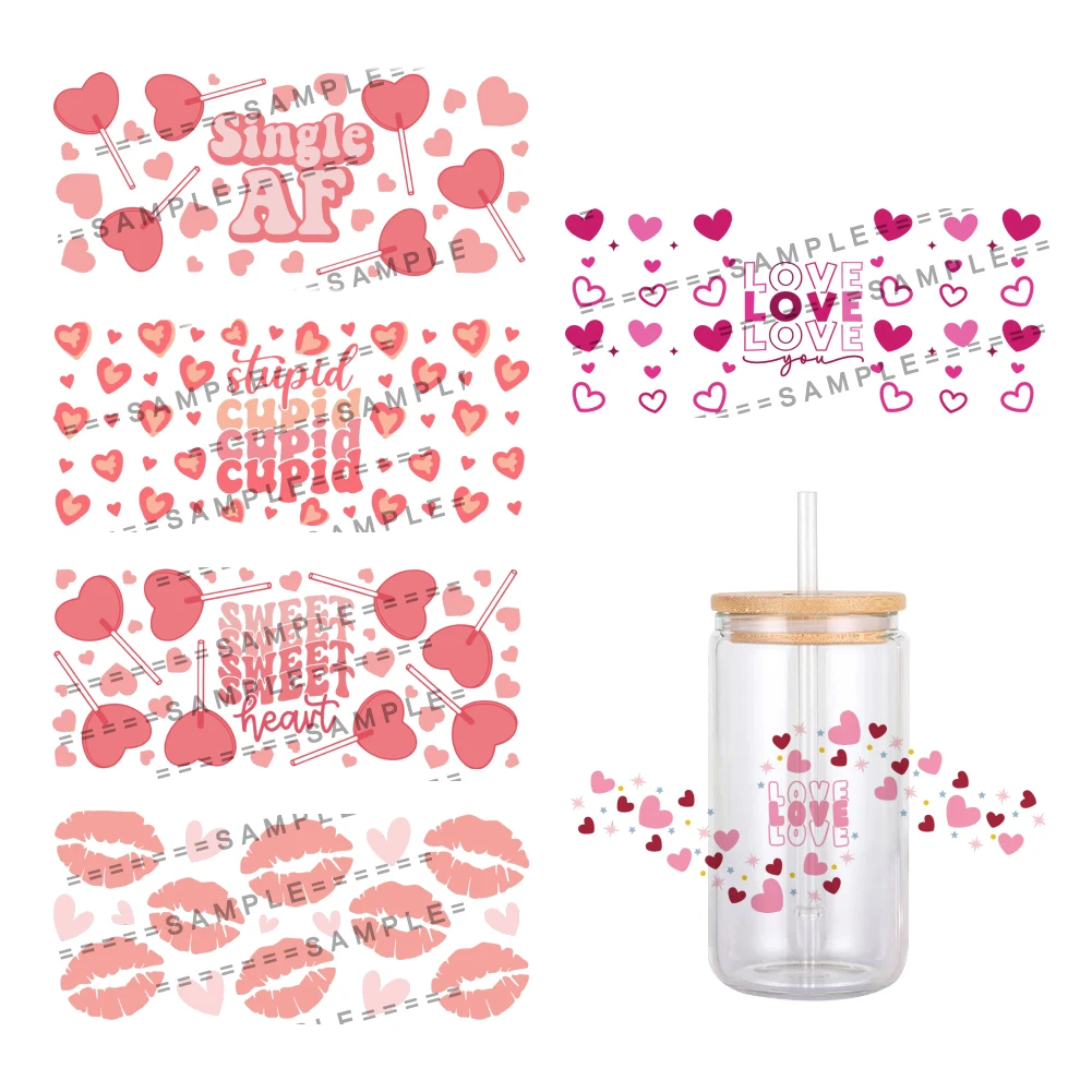 Valentine's Day Theme Heart Lip Pattern UV DTF Transfer Sticker Waterproof Transfers Decals For 16oz Glass Cup Wrap Stickers