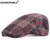 SHOWERSMILE Red Check Beret Hats for Men Women Plaid Flat Caps Cotton Berets Male Classic British Style Vintage Adjustable Hats