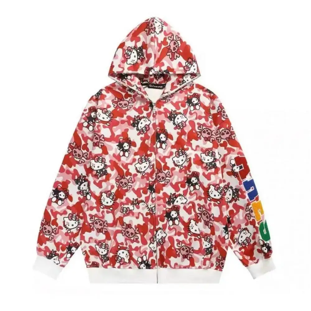 Jaket Hoodie bertudung kartun Y2K Hello Kitty Sanrioed Anime Kawaii musim gugur musim dingin katun kamuflase jaket Hip Hop atasan kasual Pria Wanita