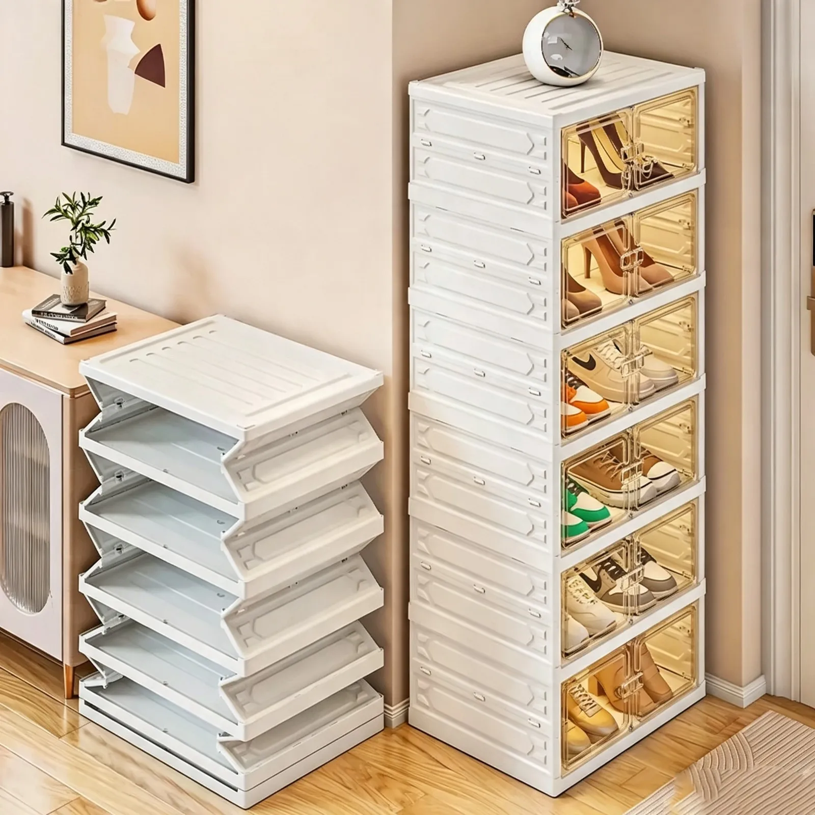 Mehrschichtiges Schuhregal, faltbarer Schuhschrank, Schuhaufbewahrungsbox aus Kunststoff, beweglicher, stapelbarer, staubdichter Schrank, Schuh-Organizer, Regale