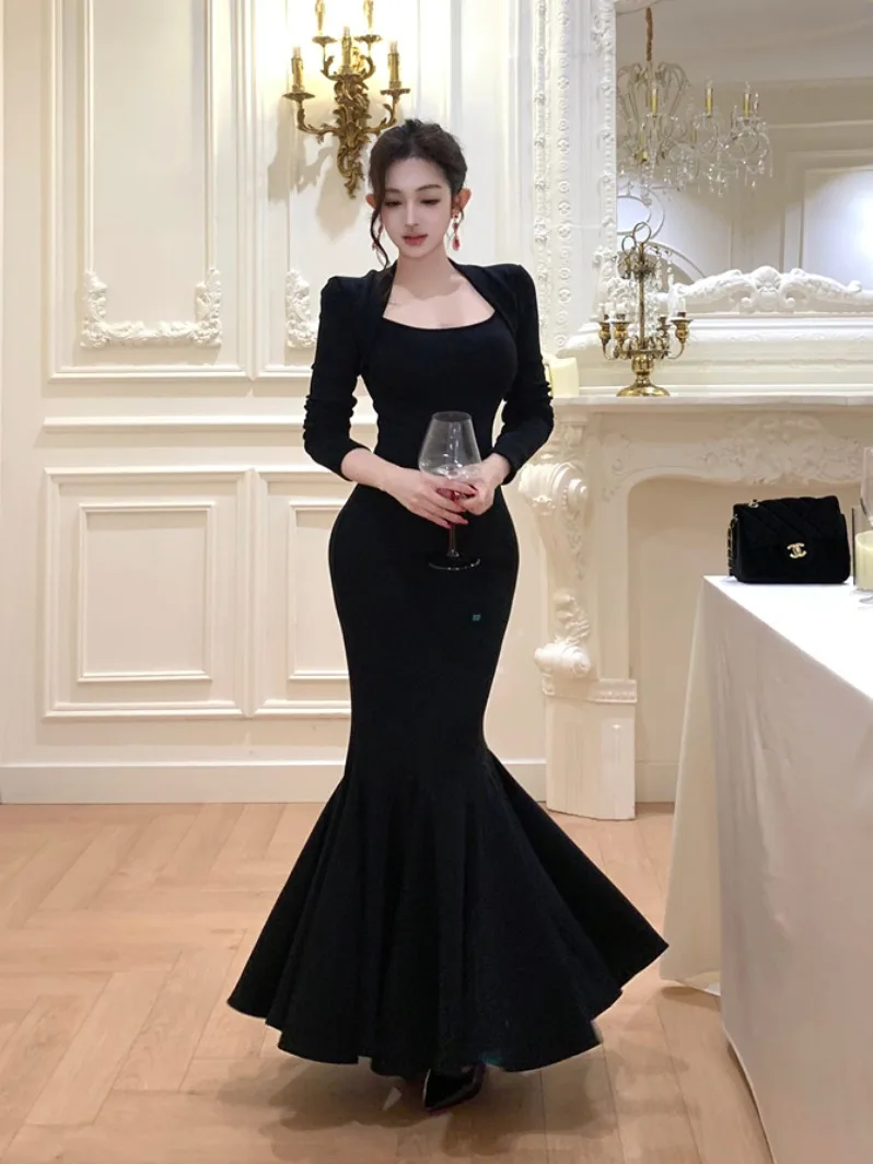 

Hebe Sle Vintage Bla Square Collar Long Sve Women's Dr Slimming Waist Tummy Control Bodycon Fi Tail Gown