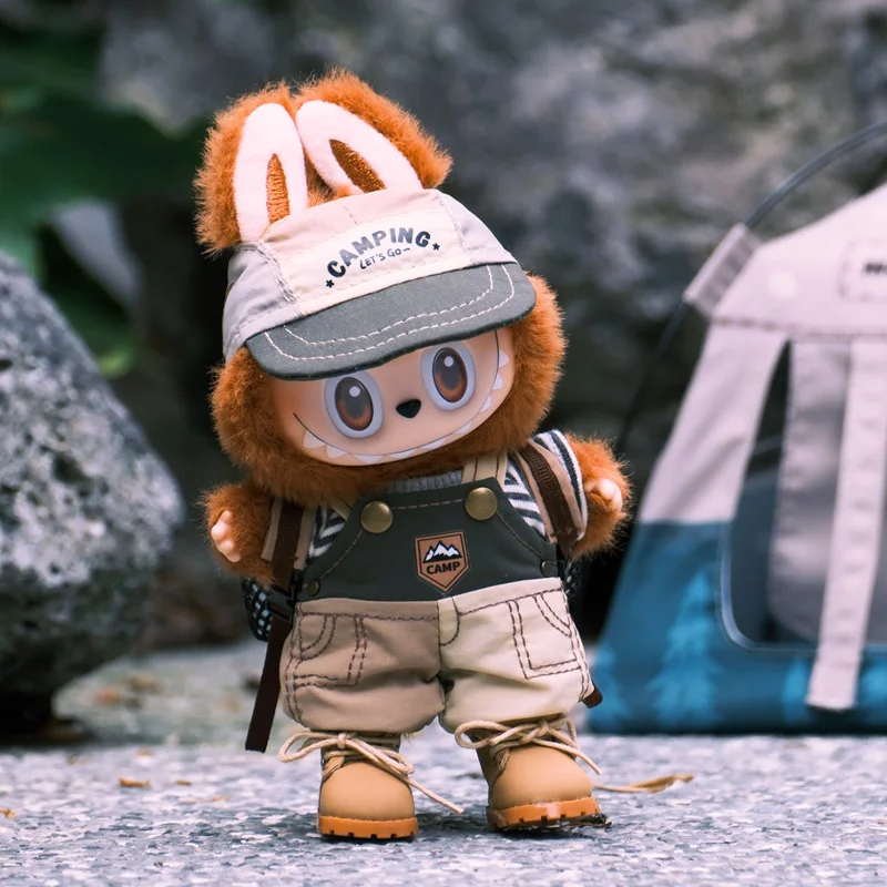 Original 17cm For Labubu Camping Outfit Set Mountain Style Cap Overalls Backpack Trendy Doll Clothes For Collectible Camping Toy