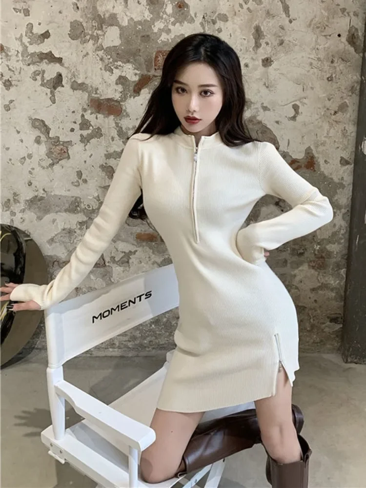 2024 Autumn Korean Zip Up Knitted Sweater Sexy Bodycon Mini Split Dress Solid Women Kpop Wrap Black Long Sleeve Short Dresses