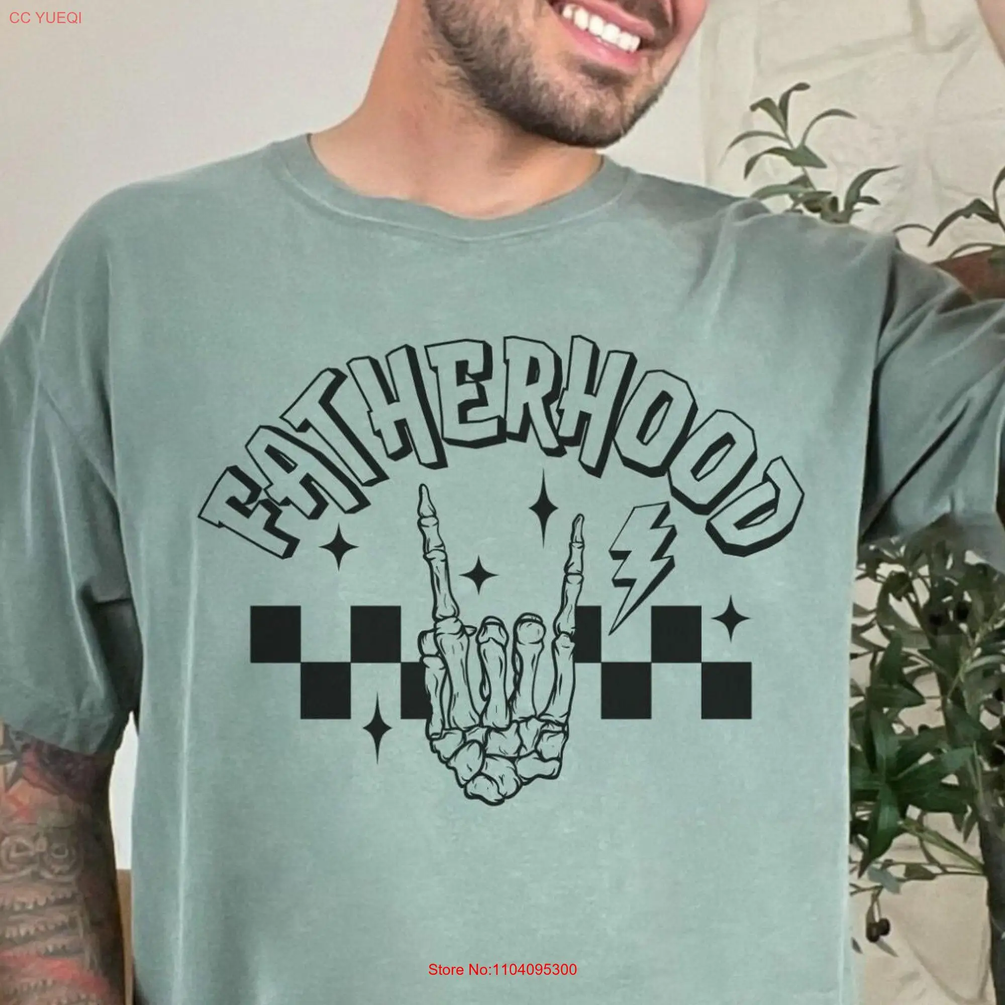 Checkered Skeleton Hand Fatherhood T Shirt Cool Fathers Day for Gothic Dad Birthday s Husband long or short sleeves